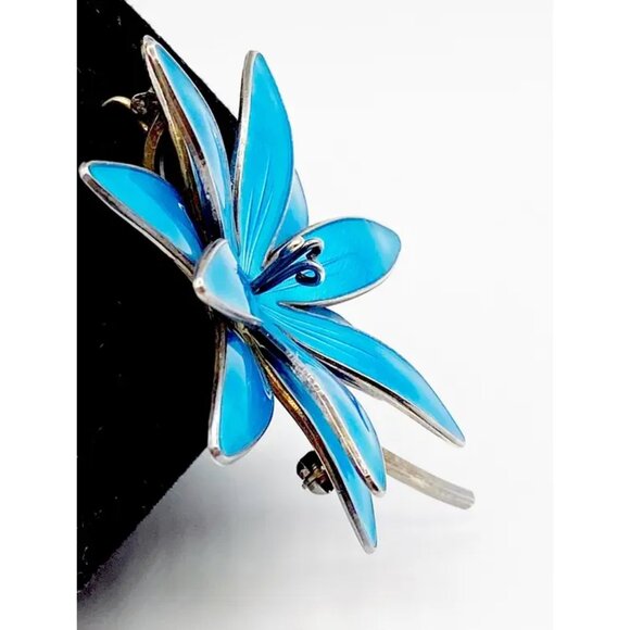 Rare Vtg HROAR PRYDZ Norway Blue Enamel Sterling Silver Flower Brooch Pendant - Picture 2 of 8